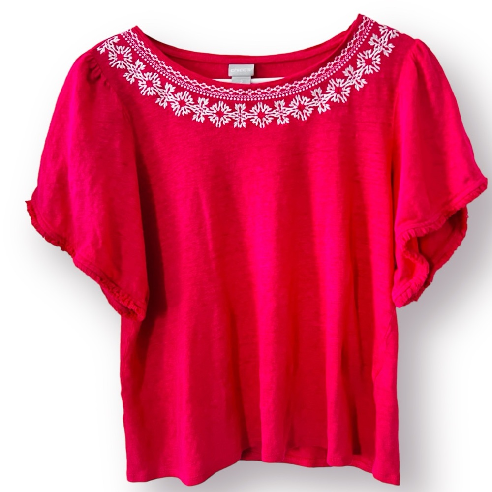 Chico’s Flutter Sleeve Top Sz 2 US Large Pink Blouse 100% Linen Embroidered Neck
